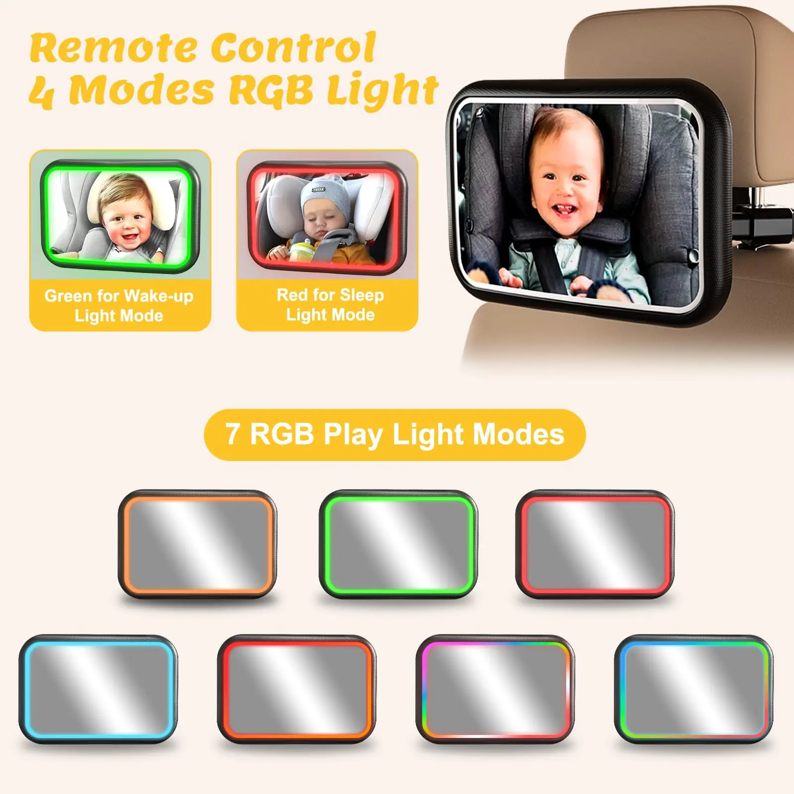 조명이 있는 아기 자동차 거울, 7가지 RGB 조명 후 - Interior Design Remote 리뷰 및 가격