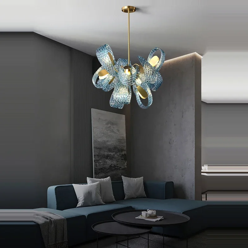 현대적인 고급 조각 유리 블루 리본 꽃무늬 장식 거실  - Interior Design Hall 리뷰 및 가격